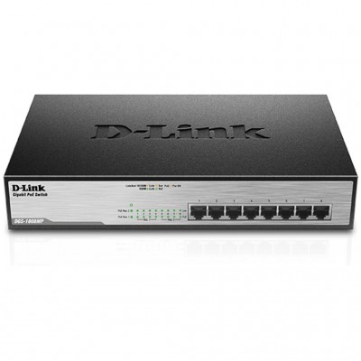 Комутатор D-Link DGS-1008MP 8port 10/100/1000 BaseT, с PoE (802.3at) до 140 Вт (до 30Вт/порт)