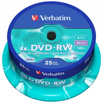 Диск DVD-RW Verbatim 4.7Gb 4x CakeBox 25 шт silver (43639)  43639