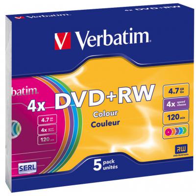 Диск DVD+R  W Verbatim 4.7Gb 4x SlimCase 5шт Color (43297) 43 297