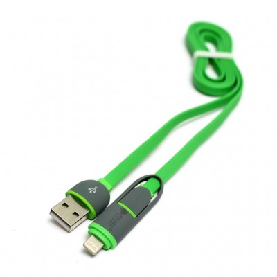 Кабель PowerPlant Quick Charge 2A 2-в-1 flat USB 2.0 AM – Lightning/Micro 1м (KD00AS1291)
