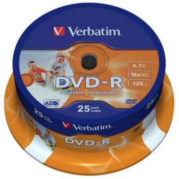 Диск DVD-R Verbatim 4.7Gb 16X CakeBox 25шт Printable (43538)