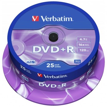 Диск DVD+R Verbatim 4.7Gb 16X CakeBox 25шт Silver (43500)