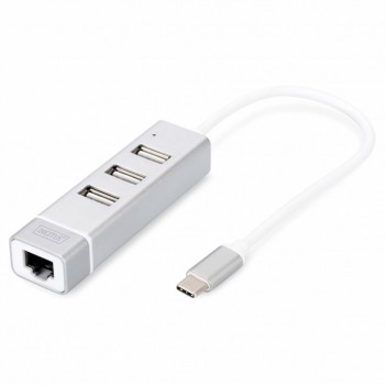 USB-хаб -адаптер DIGITUS Type-C, 3x+Fast Ethernet