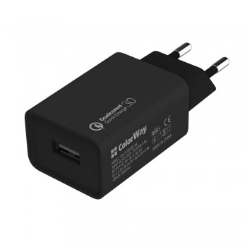 Зарядний пристрій ColorWay 1USB Quick Charge 3.0 (18W) black + cable Lightning (CW-CHS013QCL-BK)