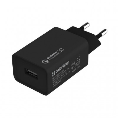 Зарядний пристрій ColorWay 1USB Quick Charge 3.0 (18W) black + cable Lightning (CW-CHS013QCL-BK)