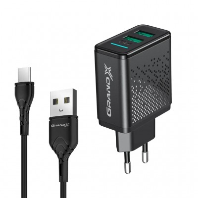 Зарядний пристрій Grand-X CH-60T 2USB 5V 3,1A + cable Type-C (CH-60T)