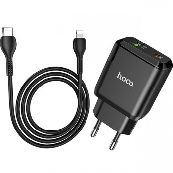Зарядний пристрій Hoco N5 (1USB 3A QC3.0 + 1 PD Type-C) Black (S25719) + кабель Lightning