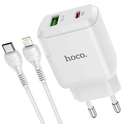 Зарядний пристрій Hoco N5 (1USB 3A QC3.0 + 1 PD Type-C) White (S25619) + кабель Lightning