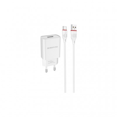 Зарядний пристрій Borofone BA20A Sharp Single USB 2.1A White (BA20ACW) + кабель Type-C