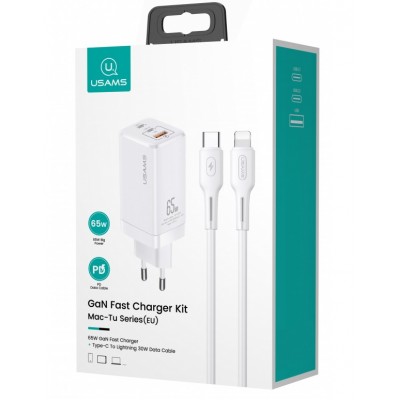 Зарядний пристрій Usams US-CC110 (1USB, 2USB Type-C) 65W PD + QC3.0 White (MTXLOGTL02) + кабель USB-C - Lightning Зарядний пристрій Usams US-CC110 (1USB, 2USB Type-C) 65W PD + QC3.0 White (MTXLOGTL02) + кабель USB-C - Lightning