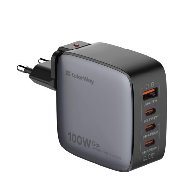 Зарядний пристрій ColorWay Power Delivery GaN (USB-A + 3USB TYPE-C) (100W) (CW-CHS047PD-BK)