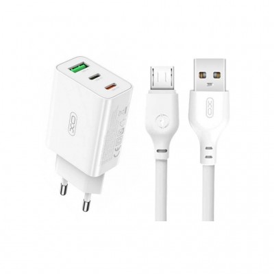 Зарядний пристрій XO L101 PD + QC3.0 (1USB/2Type-C/20W) + USB - MicroUSB White (XO-L101-WH)