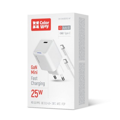 Зарядний пристрій ColorWay GaN Mini 25W PD Port PPS USB-C White (CW-CHS052PDC-WT) + кабель USB Type-C