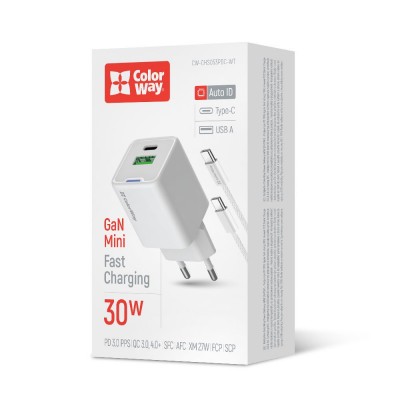 Зарядний пристрій ColorWay GaN Mini 30W PD Port PPS USB (Type-C PD + USB QC4.0) White (CW-CHS053PDC-WT) + кабель USB Type-C