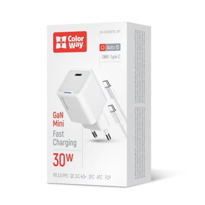 Зарядний пристрій ColorWay GaN Mini 30W PD Port PPS USB-C White (CW-CHS054PDC-WT) + кабель USB Type-C