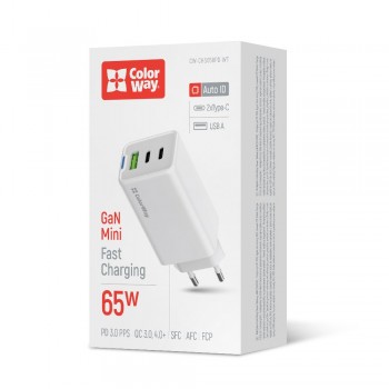Зарядний пристрій ColorWay GaN Mini 65W PD Port PPS USB (USB-2C1A) White (CW-CHS058PD-WT)