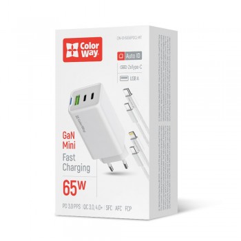 Зарядний пристрій ColorWay GaN Mini 65W PD Port PPS USB (USB-2C1A) White (CW-CHS058PDCL-WT) + кабель Type-C&Lightning