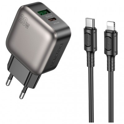 Зарядний пристрій BOROFONE BAS54A Absolute 1xUSB-C PD20W + 1xUSB QC3.0 + cable USB-C to Lightning Black (6941991116216)