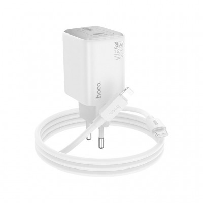 Зарядний пристрій HOCO N42 Elogiado 2xUSB-C PD45W + cable USB-C to Lightning White (6942007617116)