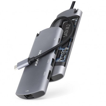USB-хаб AXAGON USB-C to 2xUSB-A + HDMI + RJ45 + SATA M.2 + PD 100 (HMC-6M2)