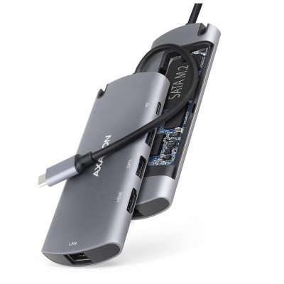 USB-хаб AXAGON USB-C to 2xUSB-A + HDMI + RJ45 + SATA M.2 + PD 100 (HMC-6M2)