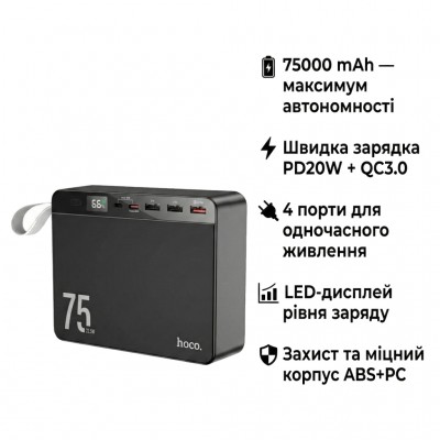 УМБ Hoco 75000 mAh Overlord PD/20W, QC/3.0/22.5W, Black (J94 / 714739)