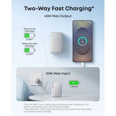 УМБ ANKER Nano 10000mAh, 45W, Built-In USB-C Cable, white (A1638H21)
