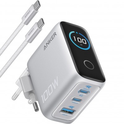 Зарядний пристрій Anker 2xUSB-C PD100W + 1xUSB GaN w Display + cable USB-C silver (B121BG41)