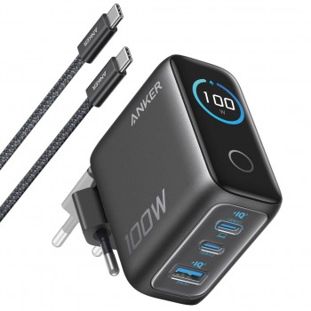 Зарядний пристрій Anker GaN Charger 100W, 2xUSB-C, 1xUSB-A, Display Dark Gray (B121BGZ1) + кабель USB Type-C