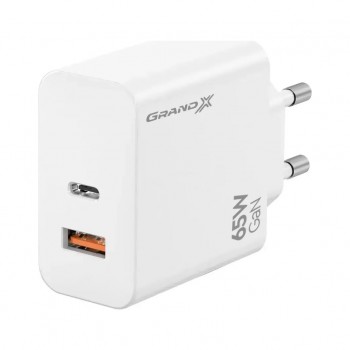 Зарядний пристрій Grand-X GaN 1xUSB-C + 1xUSB 65W PD3.0 QC4.0 AFC SCP FCP white (CH-960W)