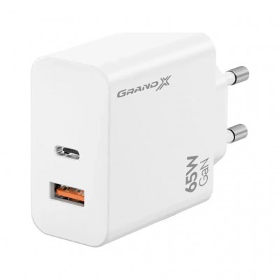 Зарядний пристрій Grand-X GaN 1xUSB-C + 1xUSB 65W PD3.0 QC4.0 AFC SCP FCP white (CH-960W)
