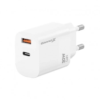 Зарядний пристрій Grand-X GaN 1xUSB-C + 1xUSB QC3.0 36W white (CH-360W)