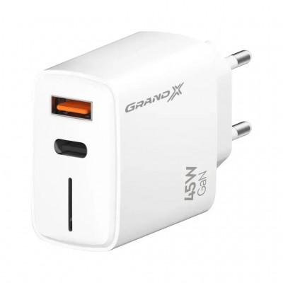 Зарядний пристрій Grand-X GaN 1xUSB-C + 1xUSB QC3.0 45W white (CH-460W)