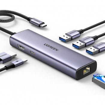 USB-хаб UGREEN USB-C 6-in-1 3xUSB 3.0 + HDMI 4K@30Hz + RJ45 1000M (15598)
