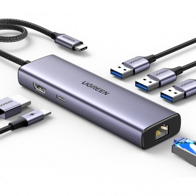 USB-хаб UGREEN USB-C 6-in-1 3xUSB 3.0 + HDMI 4K@30Hz + RJ45 1000M (15598)