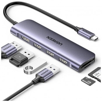 USB-хаб UGREEN USB-C 6-in-1 3xUSB 3.0 + HDMI 4K@30Hz + SD/TF silv (20956A)