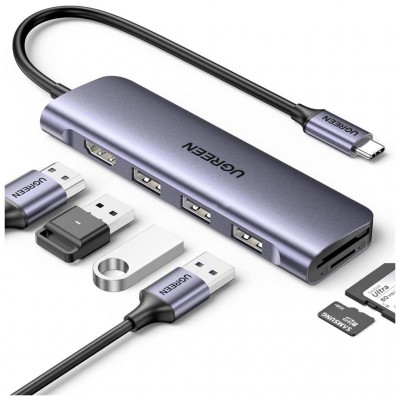 USB-хаб UGREEN USB-C 6-in-1 3xUSB 3.0 + HDMI 4K@30Hz + SD/TF silv (20956A)