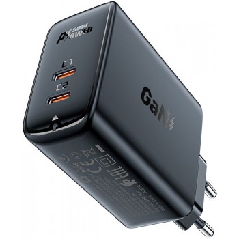 Зарядний пристрій 2xUSB 50W (USB-C+USB-C) Gan A29 Fast Charger Black Acefast (6974316281443)