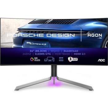 Монітор 34" AOC PD34, QD-OLED, WQHD, 240Гц, 0,03мс, вигн., 2хHDMI, DP, USB-C, USB-hub, HAS, кол., чорний