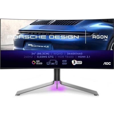 Монітор 34" AOC PD34, QD-OLED, WQHD, 240Гц, 0,03мс, вигн., 2хHDMI, DP, USB-C, USB-hub, HAS, кол., чорний