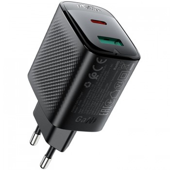 Зарядний пристрій 2xUSB 45W (USB-C+USB-A) Gan A106 Black Acefast (6974316284031)