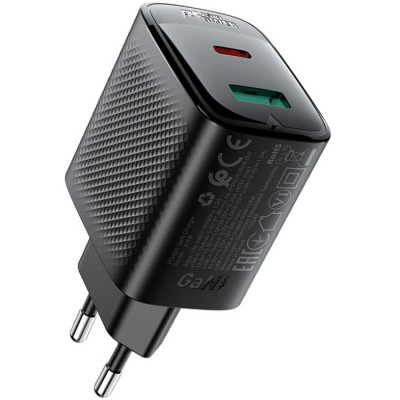 Зарядний пристрій 2xUSB 45W (USB-C+USB-A) Gan A106 Black Acefast (6974316284031)