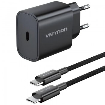 Зарядний пристрій 1xUSB-C 20W + USB-C cable М-М Black Vention (G16B0-EU)