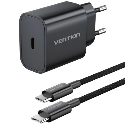 Зарядний пристрій 1xUSB-C 20W + USB-C cable М-М Black Vention (G16B0-EU)