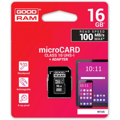 Карта пам'яті MicroSDHC 16GB UHS-I Class 10 Goodram + SD-adapter (M1AA-0160R12)