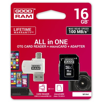 Карта пам'яті MicroSDHC 16GB UHS-I Class 10 Goodram + SD-adapter + OTG Card reader (M1A4-0160R12)