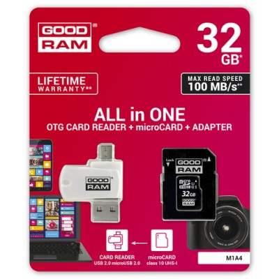 Карта пам'яті MicroSDHC 32GB UHS-I Class 10 GOODRAM + SD-adapter + OTG Card reader (M1A4-0320R12)