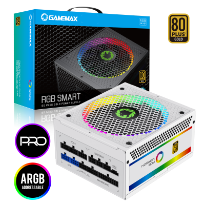 Блок живлення GAMEMAX (RGB850 PRO WH) 850W, 80 Gold,ARGB ring fan 140mm,fu lly modularOPP, OVP, UVP, OCP, OTP, SCP RGB850 PRO WH