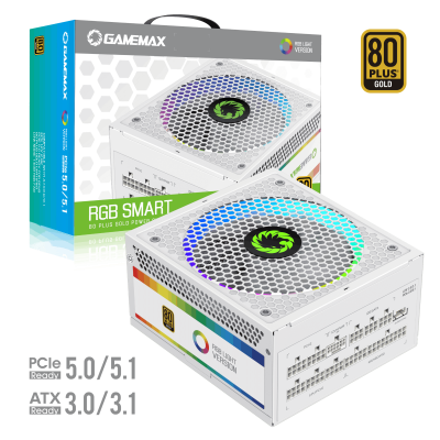 Блок живлення GAMEMAX (RGB 850 PRO WH (ATX3.0/3.1 PCI) 850W, 80 Gold,ARGB ring fan 140mm,fu lly modularOPP, OVP, UVP, OCP, OTP, SCP RGB 850 PRO WH (AT