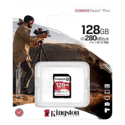 Карта пам'яті SD 128GB SDXC Canvas React Plus SDXC UH S-II 280R/100W U3 V60 SDR2V6/128GB Kingston (SDR2V6/128GB)
